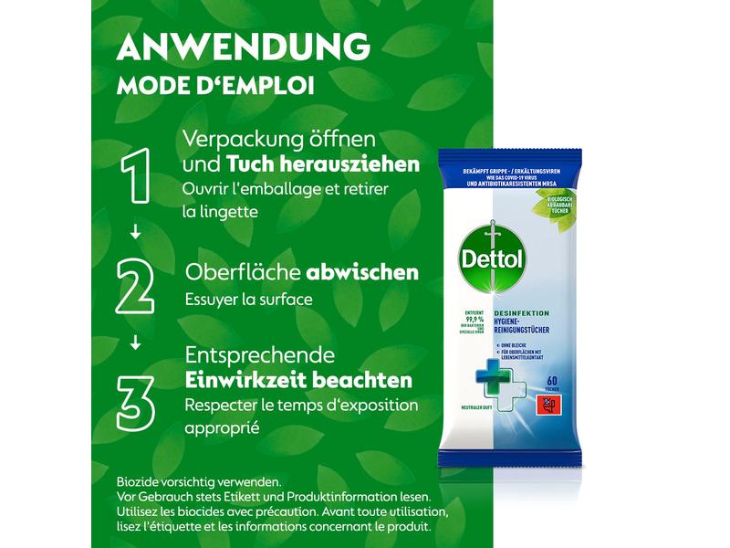 Lingettes hygiéniques désinfectantes Dettol 60 pièces