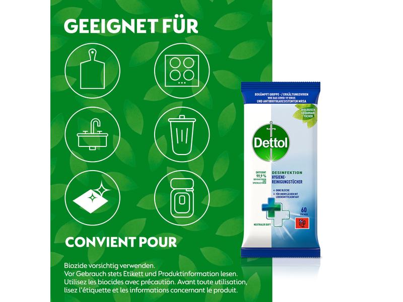 Lingettes hygiéniques désinfectantes Dettol 60 pièces