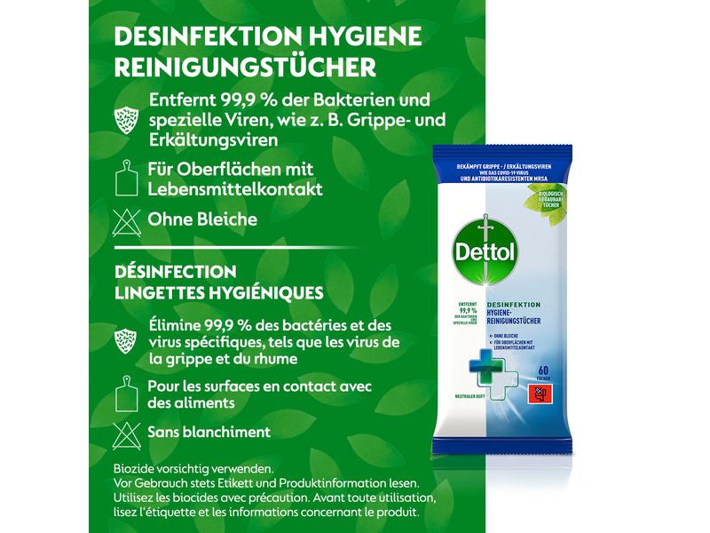 Lingettes hygiéniques désinfectantes Dettol 60 pièces