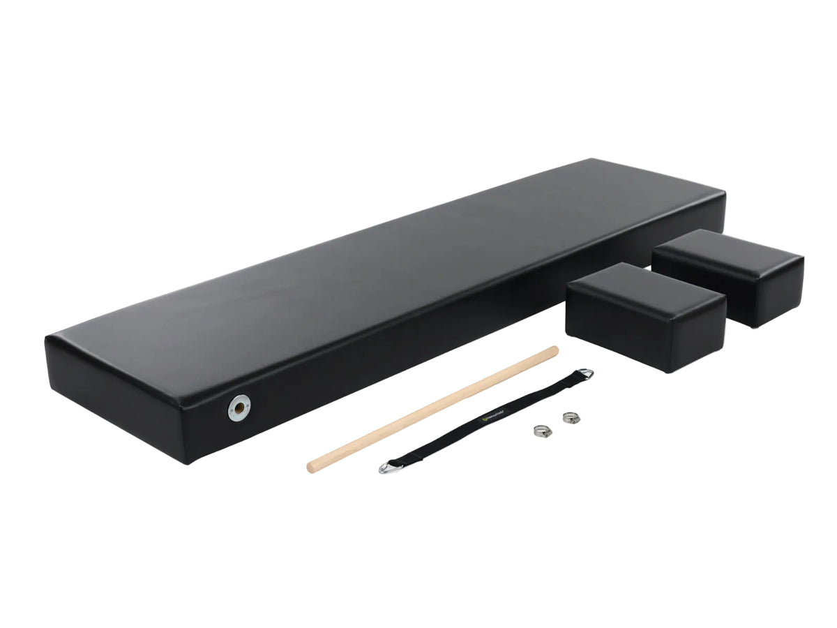 Balanced Body Black Raised Mat with two Moon Boxes, a wooden rod, and a strap— for Pilates Wall Tower