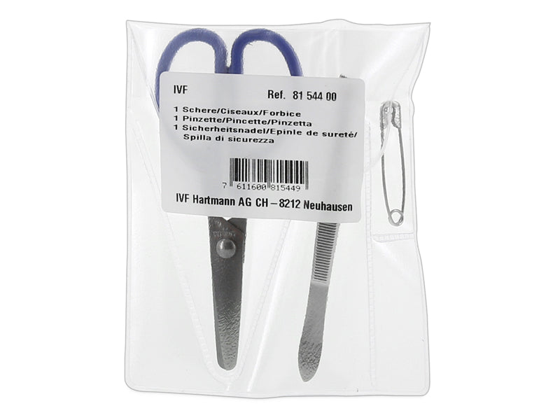 IVF set with scissors, tweezers and safety pins