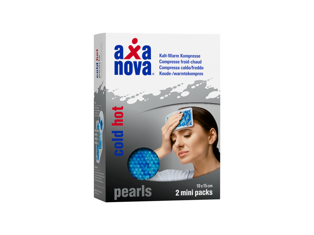 Axanova Cold Hot Pearls Mini compresse 10 x 15 cm, emballage avec mode d'emploi pour application sur le front, thérapie par le froid et par la chaleur