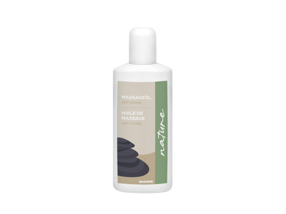 MEDiDOR huile de massage Flacon Hot Stone Nature de 250 ml, vue de face pour Massage Hot Stone