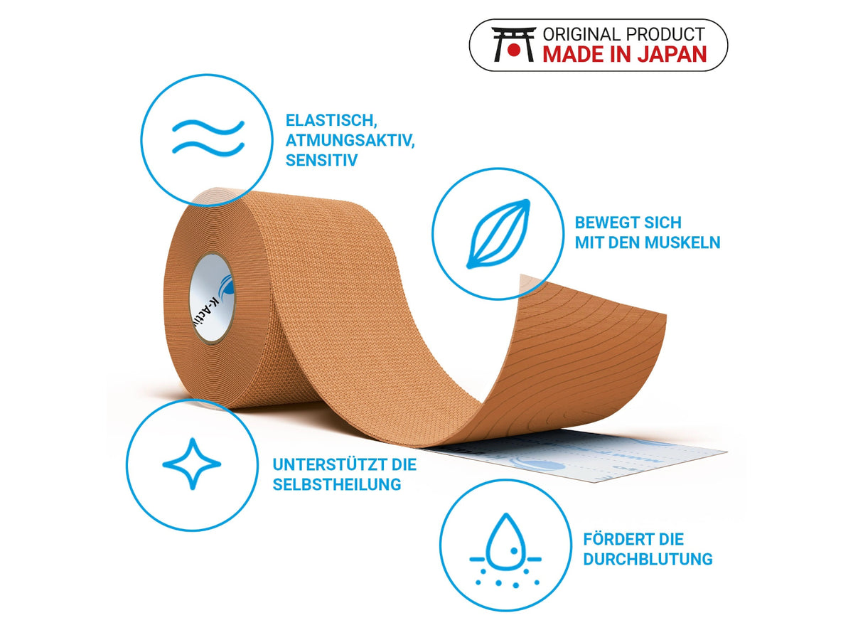 K-Active Classic Global Tape beige, angerollte Rolle mit Produktmerkmalen elastisch und atmungsaktiv, für Kinesiologie-Taping