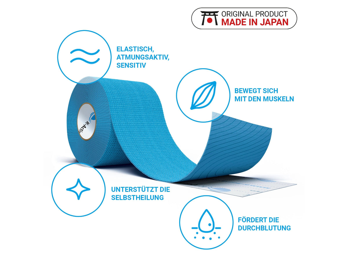 K-Active Classic Global Tape, blue, pre-cut roll—features: elastic and breathable for Kinesiology