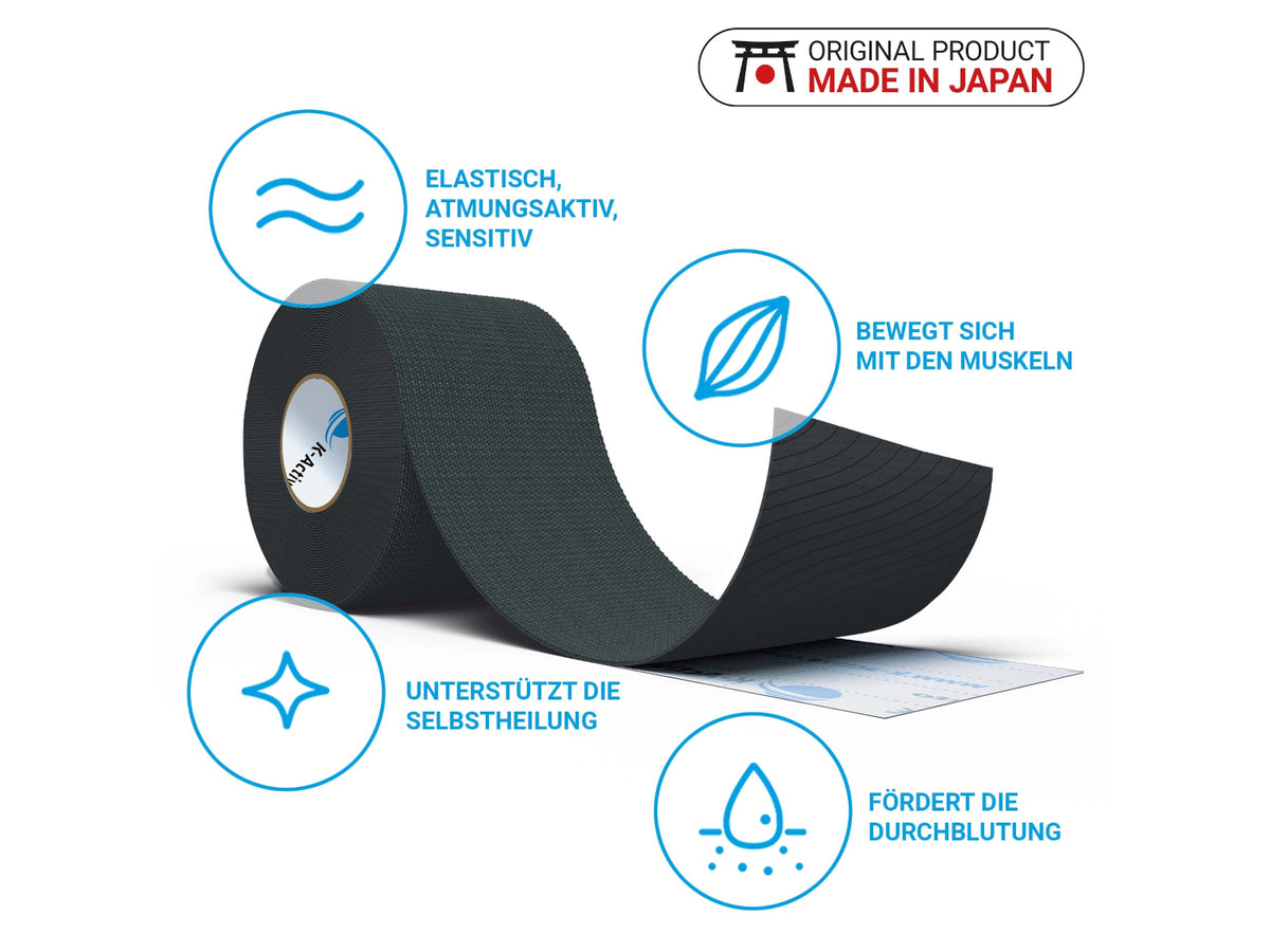 K-Active Classic Global Tape, black, pre-cut roll; features include elasticity and breathability; for Sports and Therapy