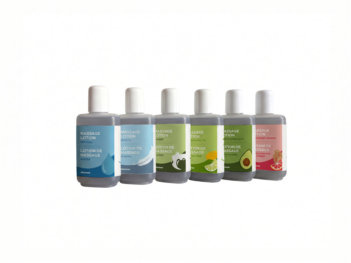 MEDiDOR Massagelotion Probierset 6x50ml, Flaschen in Reihe mit Duftvarianten für die Massagepraxis