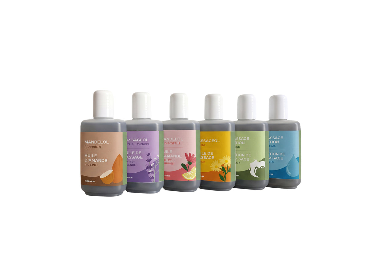 MEDiDOR Nature Trial Set, six 50-ml bottles containing almond oil, massage oil , and massage lotion, for massage treatments