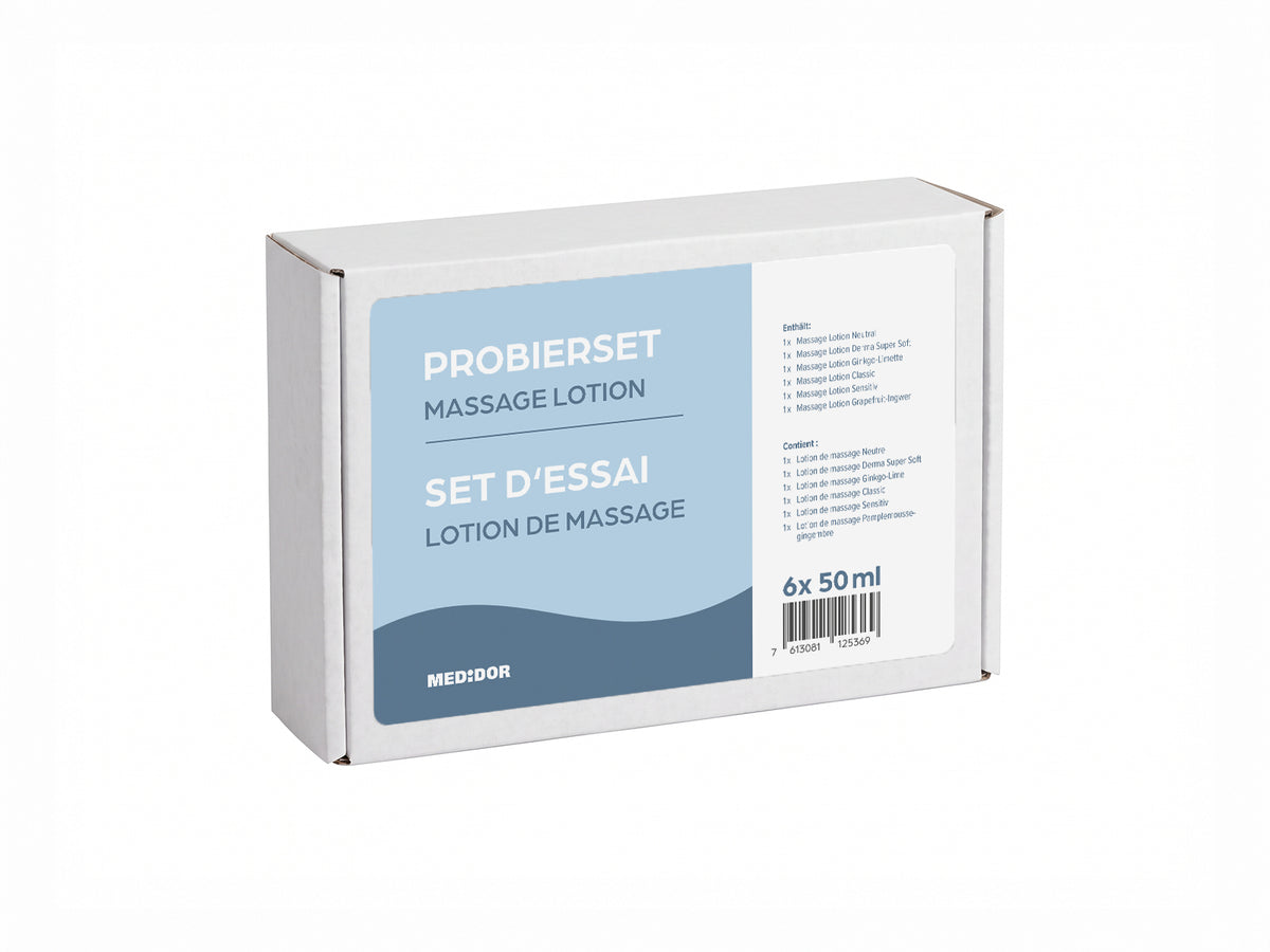 MEDiDOR Probierset Massage Lotion, Verpackung mit 6 x 50 ml verschiedenen Düften, für Massagepraxis