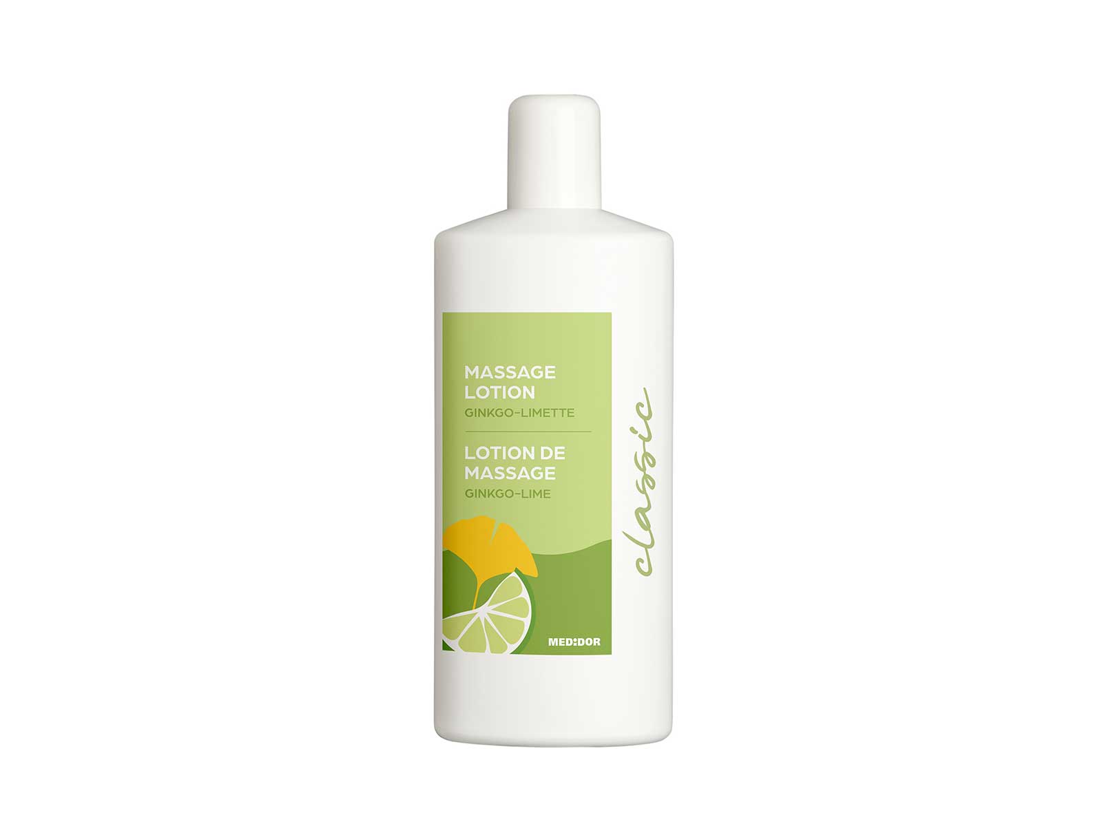 MEDiDOR Massagelotion Ginkgo-Limette 1 Liter, weisse Flasche mit grünem Etikett, für Massageanwendungen