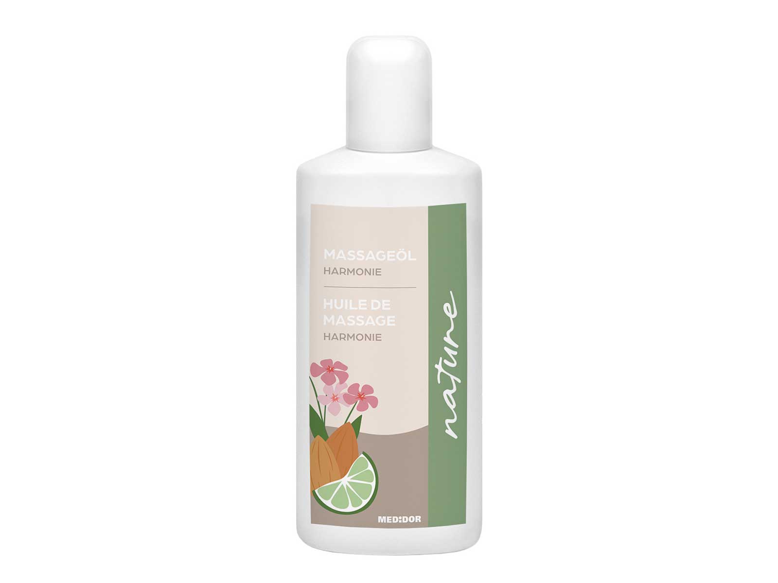 MEDiDOR huile de massage Harmonie Nature 250 ml, flacon blanc avec étiquette florale, pour le massage aromathérapique