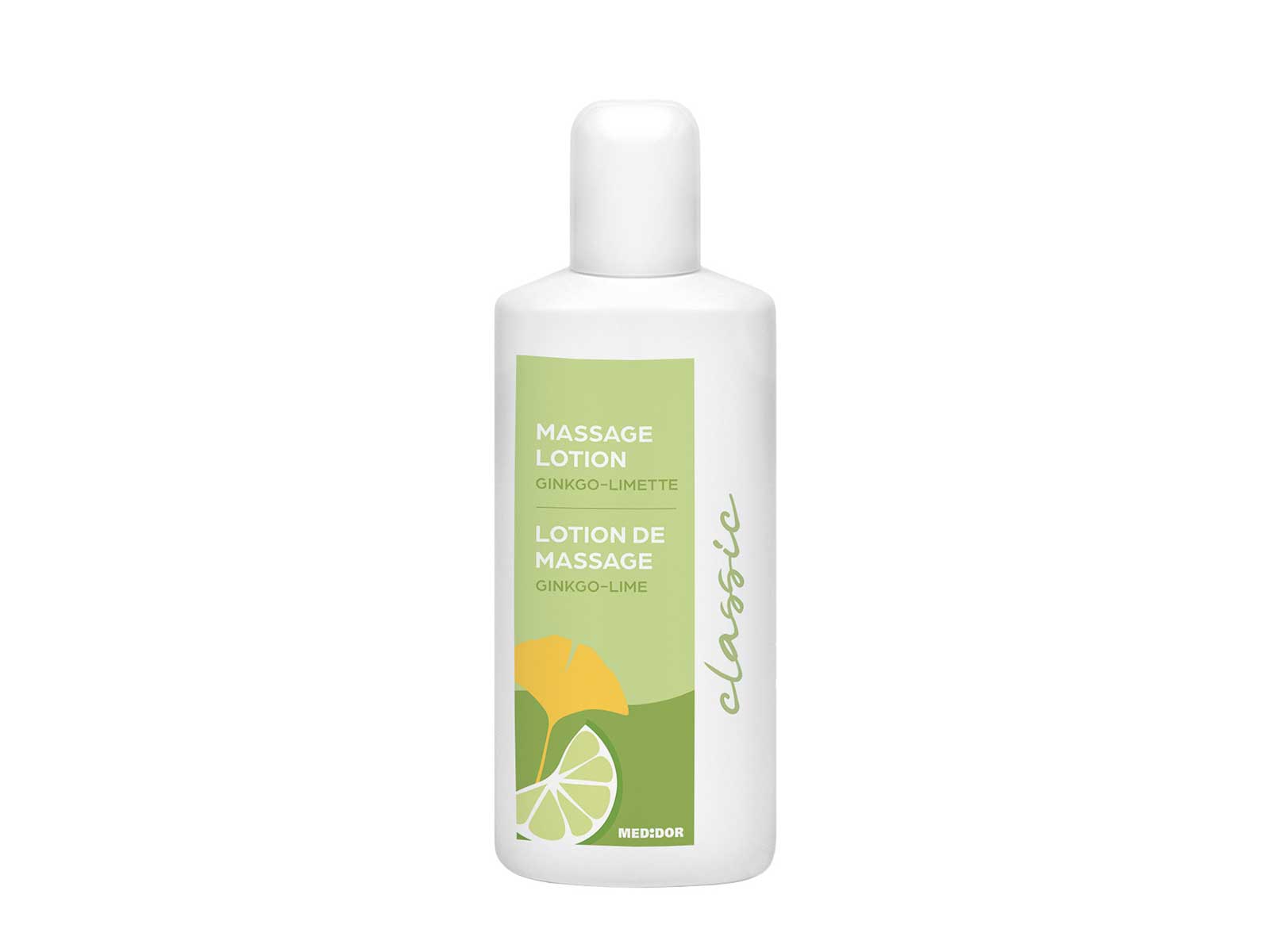 MEDiDOR Massagelotion Ginkgo-Limette 250 ml, weisse Flasche Frontalansicht, für Massage in der Physiotherapie