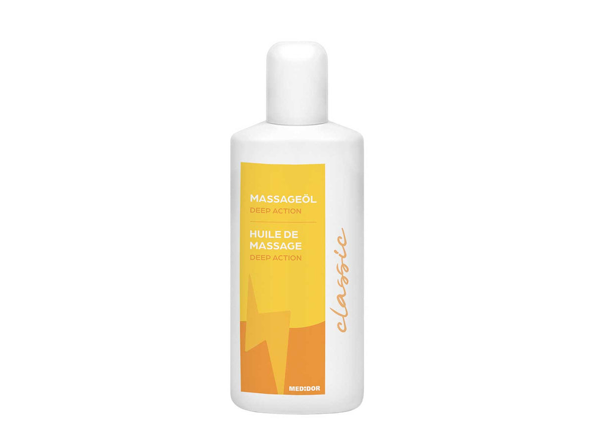 MEDiDOR huile de massage Deep Action Classic 250 ml, flacon blanc avec étiquette jaune-orange, pour Soins de massage
