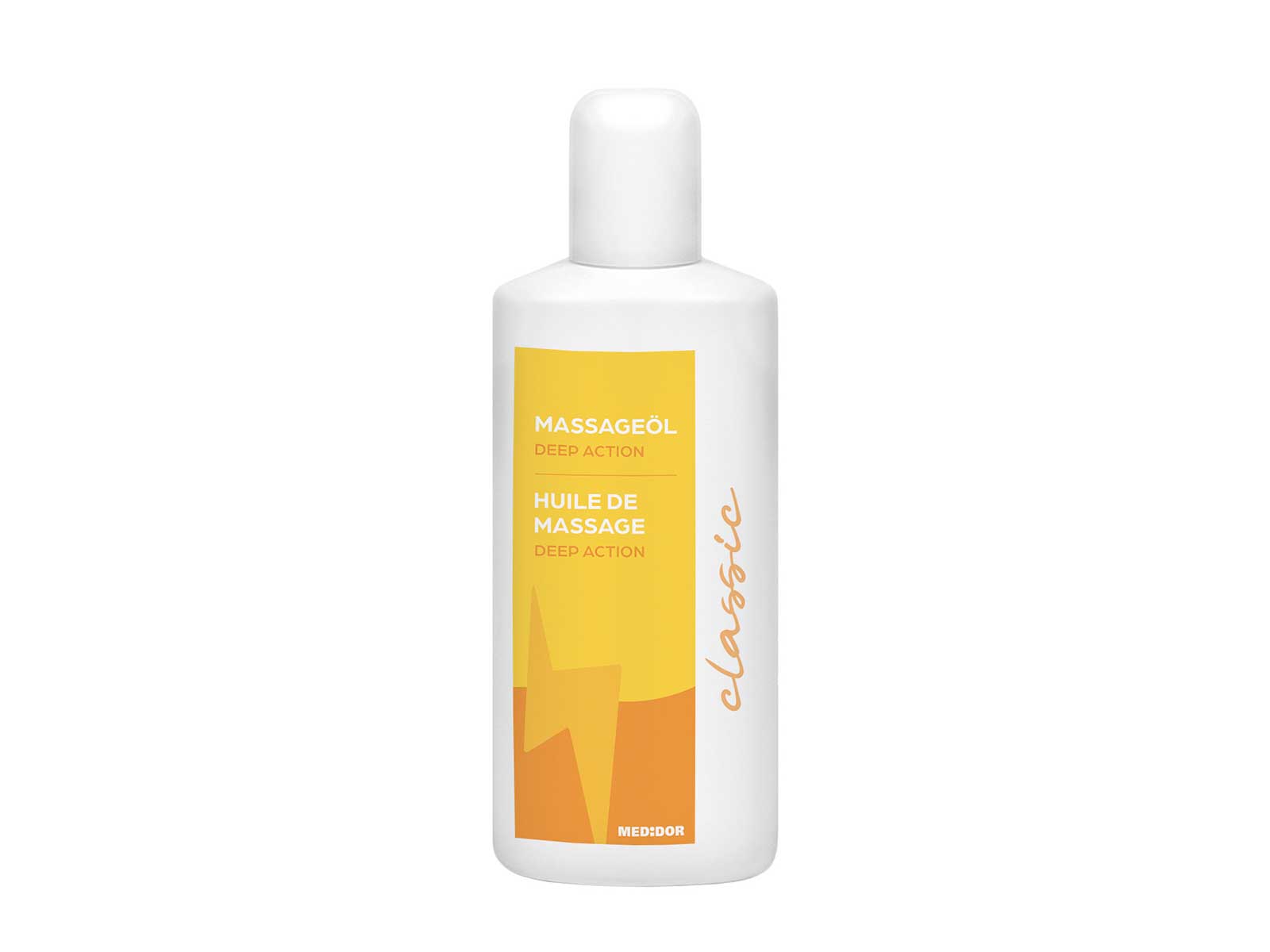 MEDiDOR huile de massage Deep Action Classic 250 ml, flacon blanc avec étiquette jaune-orange, pour Soins de massage