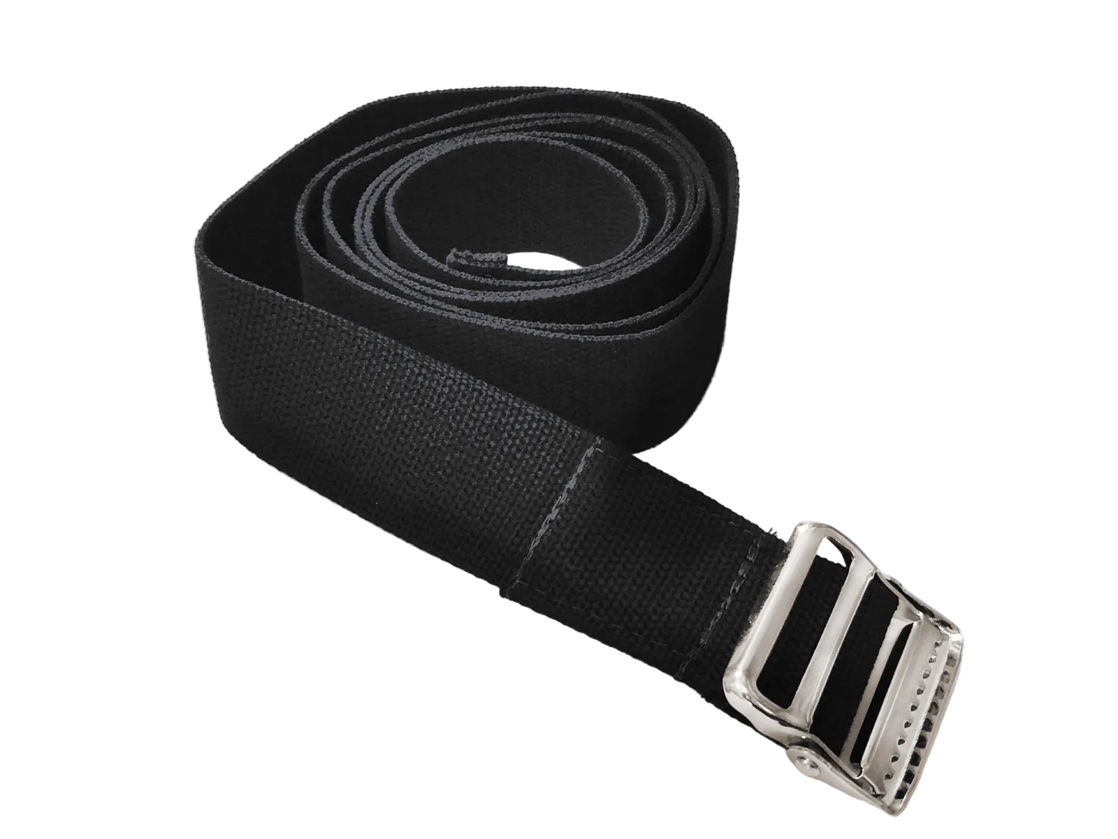 Balanced Body Belly Strap schwarz, aufgerollter Gurt mit Metallschnalle, für Pilates Trapeze Table