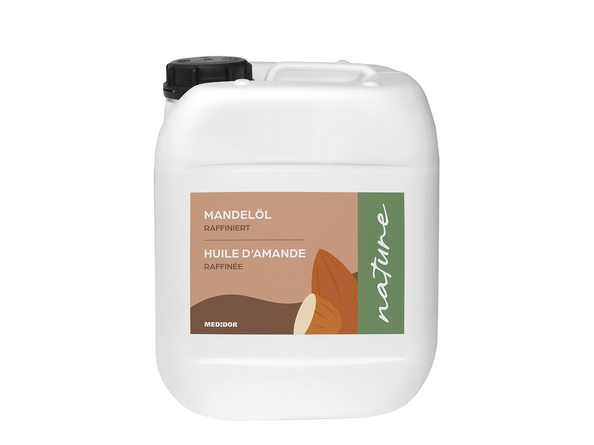MEDiDOR Mandelöl raffiniert Nature 10 Liter Kanister, Ansicht von vorne, für Massage und Einreibung