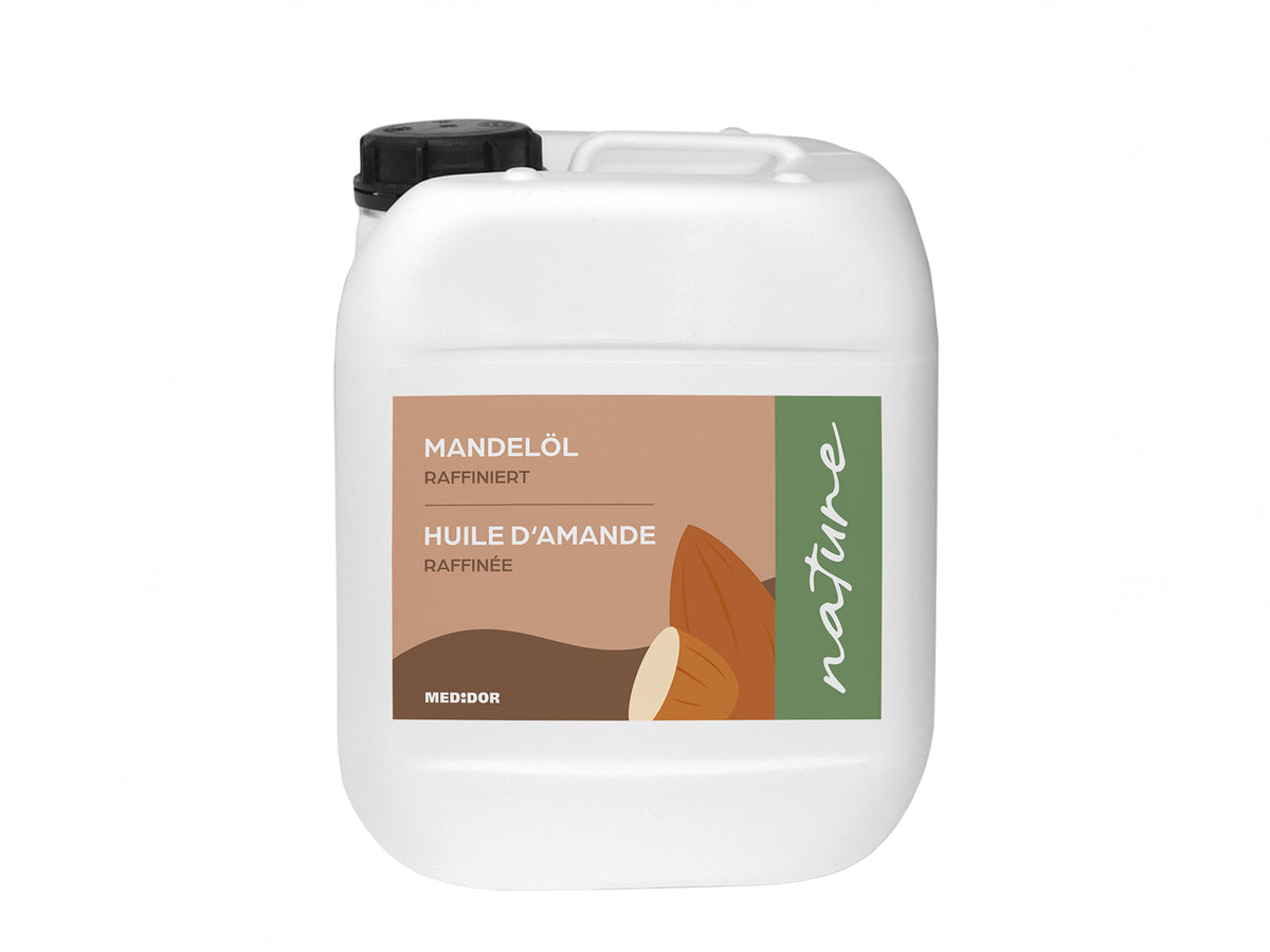 MEDiDOR Mandelöl raffiniert Nature 5 Liter Kanister, Frontalansicht mit Etikett, für Massage und Einreibung