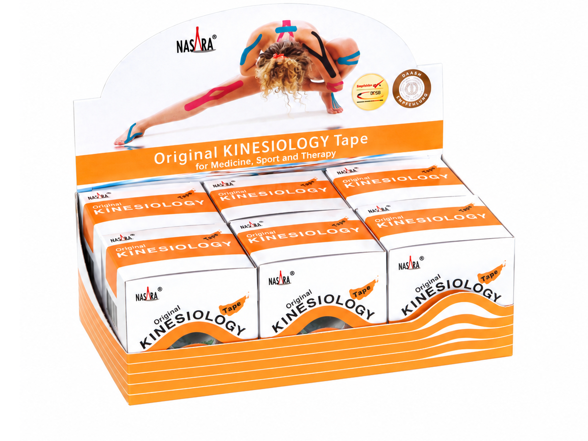 Nasara Original Kinesiology Tape Sales Display with 6 Rolls, for Medicine, Sports, and Therapy