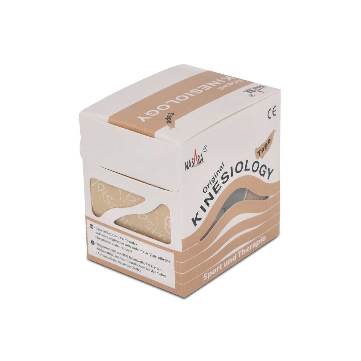 Nasara Kinesiology Tape, beige, 5- cm x 5 m, box packaging with product details, for Sports and Therapy