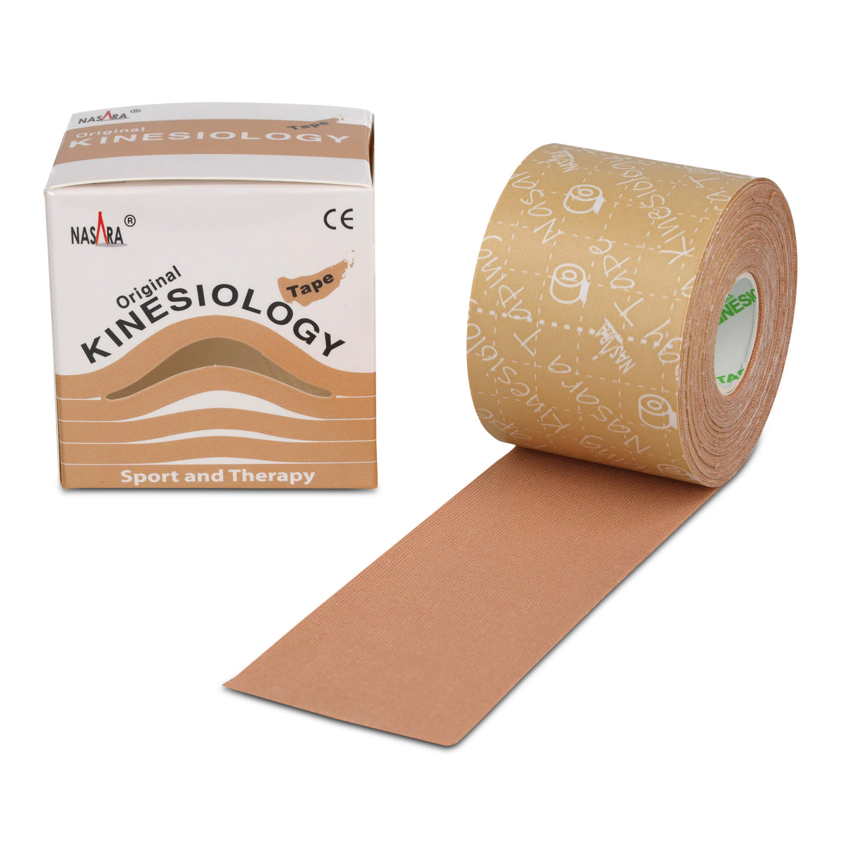 Nasara Kinesiology Tape, beige, packaging box and rolled-up roll with a pre-cut end, for Sports and Therapy