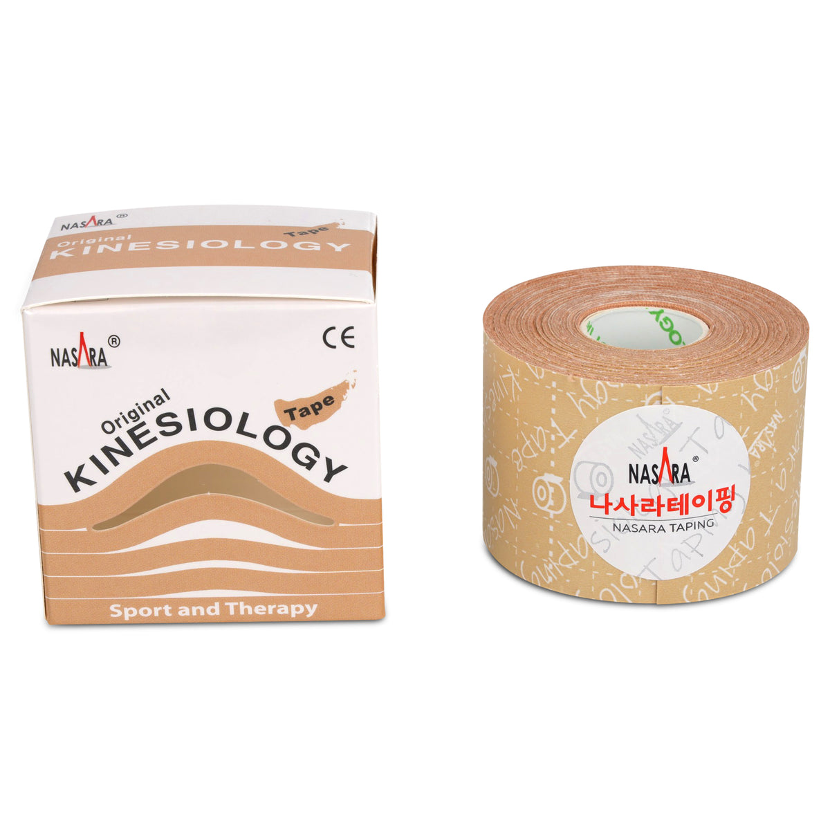 Nasara Kinesiology Tape, beige, packaging and rolled-up roll, for Sports and Therapy