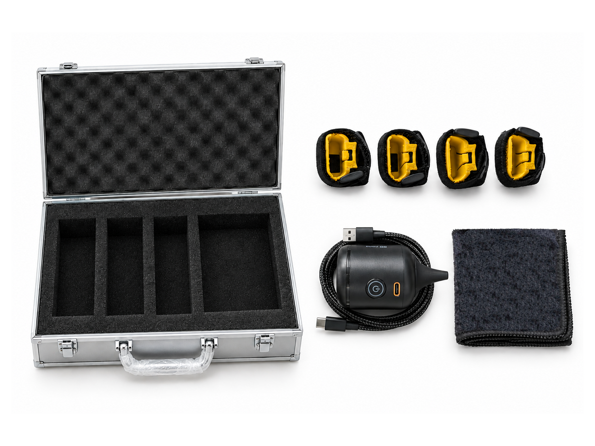 Tendiboots Canine Hydro Package Complete Set: Aluminum case, four sensor sleeves, air blower, and cloth